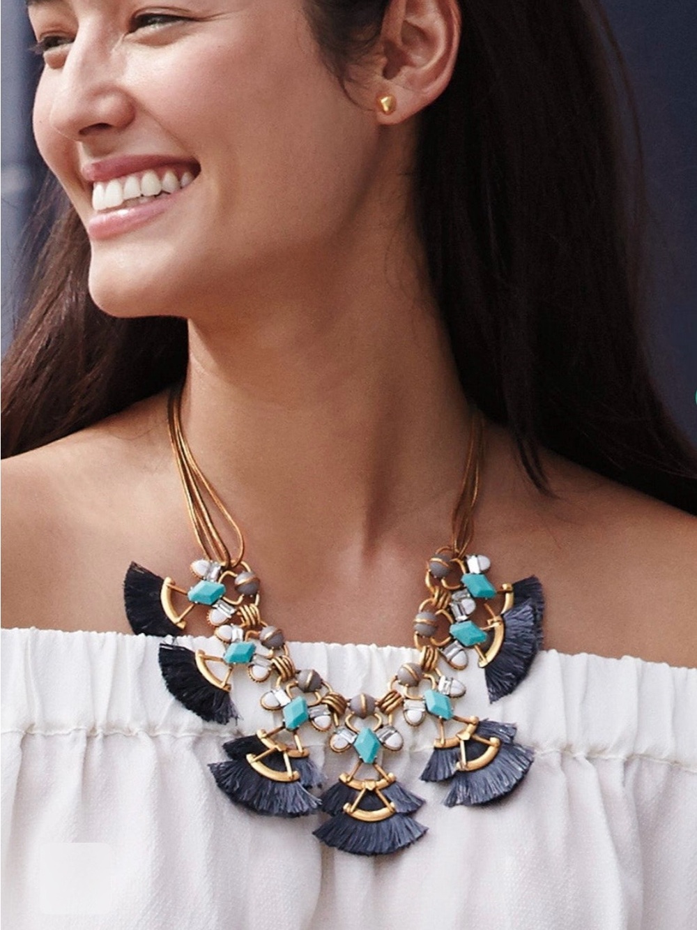 Stella & Dot Lotus Gold-Tone Necklace with Turquoise and Navy Tassels